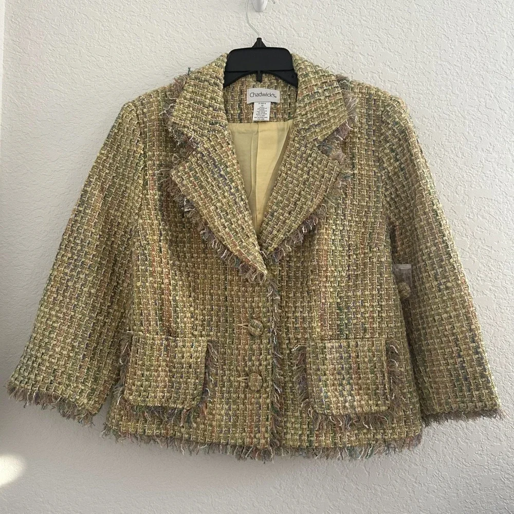 Chadwick's Tweed Blazer Jacket Womens 12 Yellow Fringed‎ Trim Old Money NWOT - Picture 2 of 9